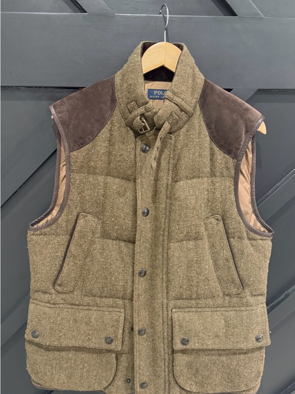Ralph Lauren Olive Brown Quilted Wool-Blend Vest with Suede Shoulders